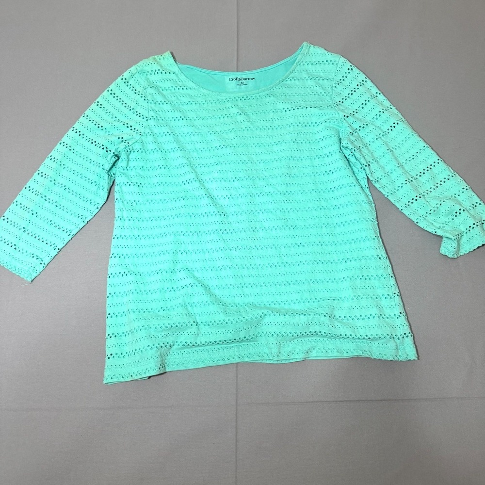 Croft & Barrow Top Womens M Green Pointelle Striped Cotton Three Quarter Sleeve